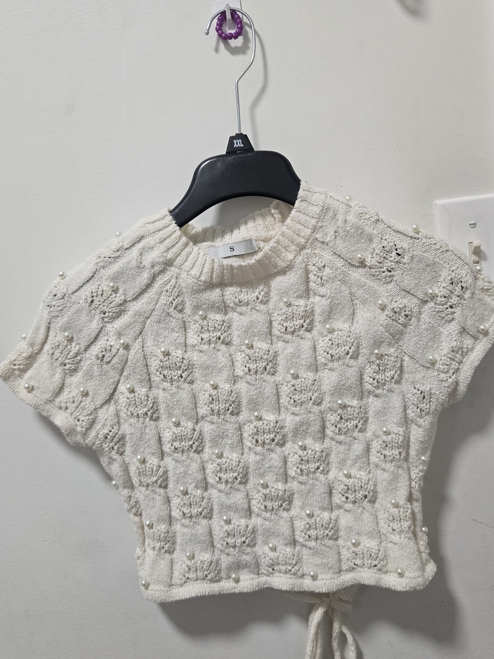 Cream Pearl-Embellished Knit Crop Sweater